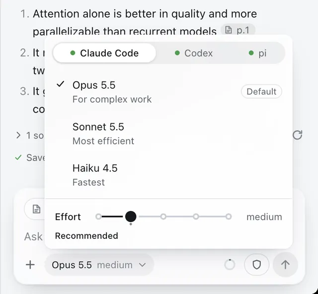 The agent and model menu: Claude Code, Codex and pi, the models, and an effort slider.